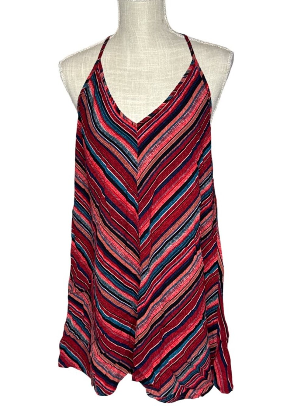Chevron Stripe Halter Neck Summer Dress Multicolor Red Navy XL
